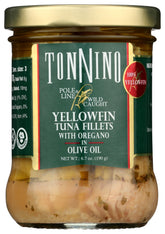 Tonnino Yellowfin Tuna in olive oil with oregano can ready for quick gourmet meals.