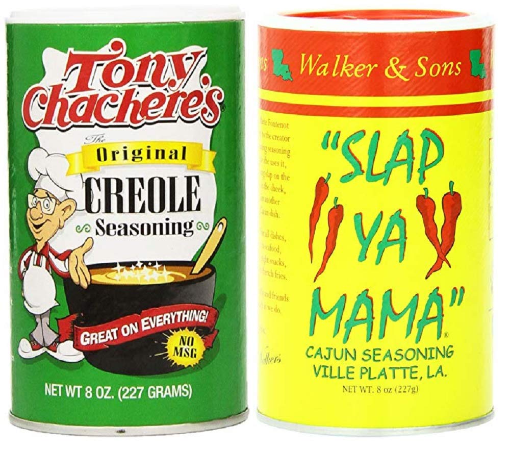 Tony Chachere's Louisiana Favorites No MSG Cajun Seasoning Bundle—Original Creole and Slap Ya Mama for flavorful poultry.