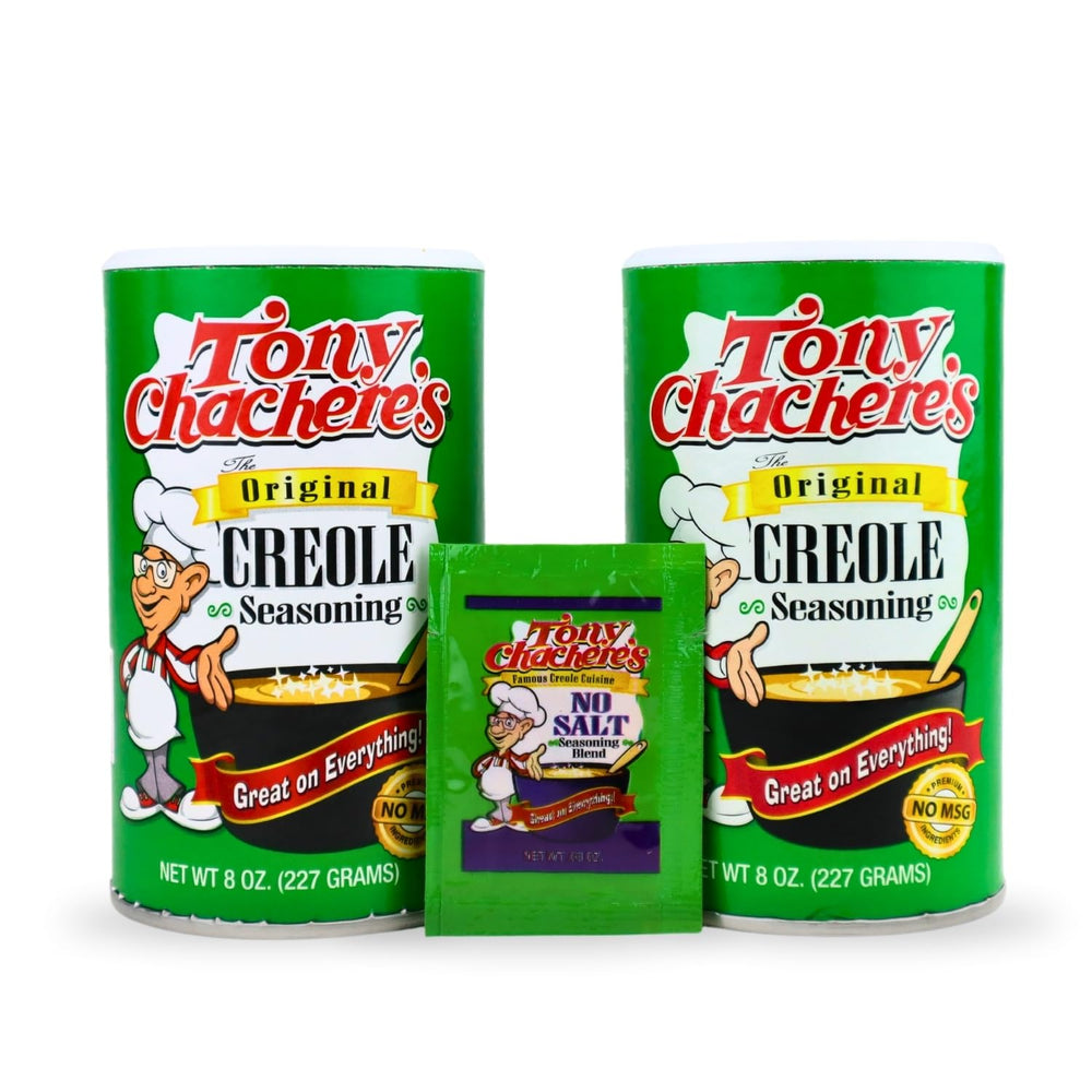 Tony Chachere's Original two-pack seasoning canisters for bold flavor in every dish.