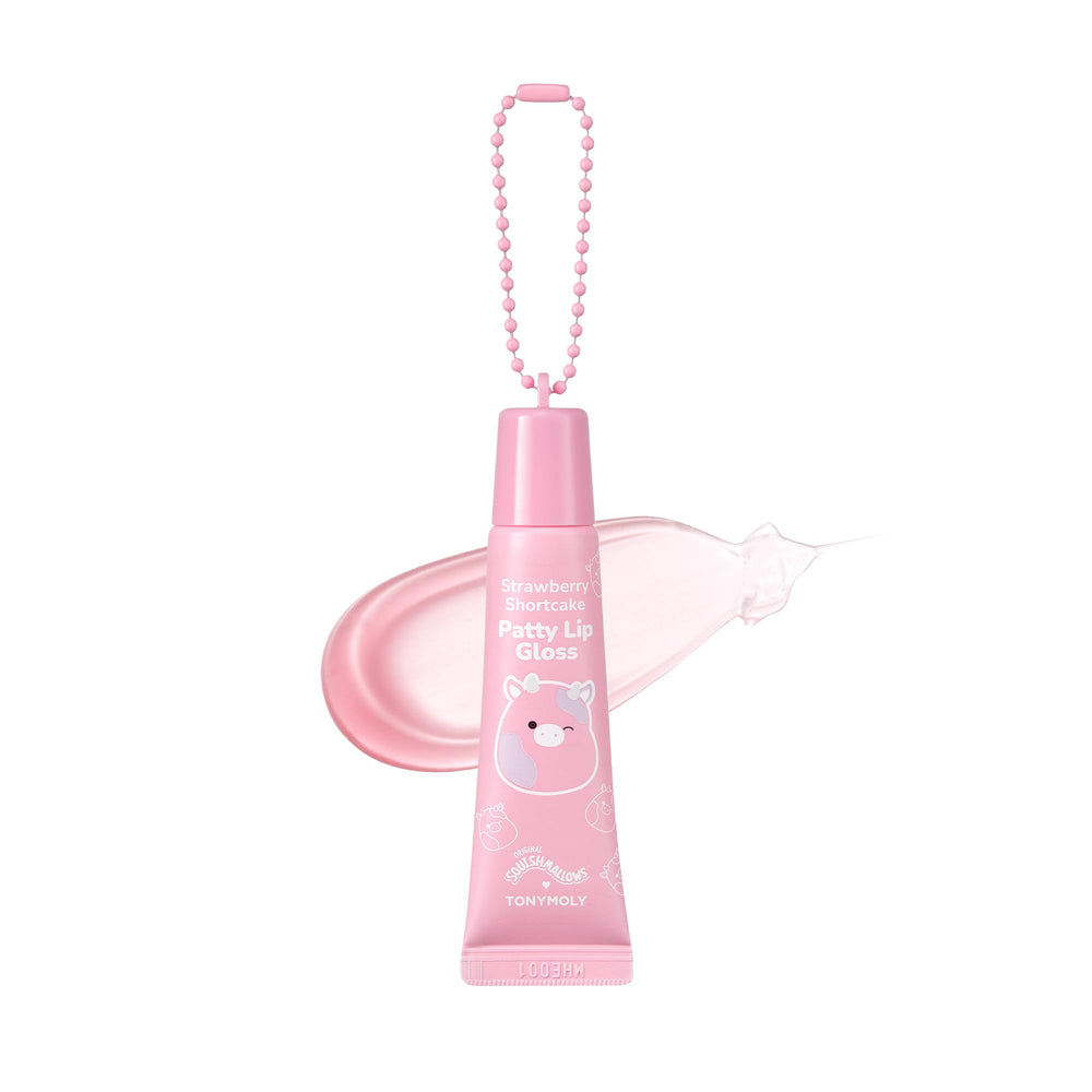 TONYMOLY Patty lip gloss with sheer pink tint in Squishmallows design for on-the-go shine.