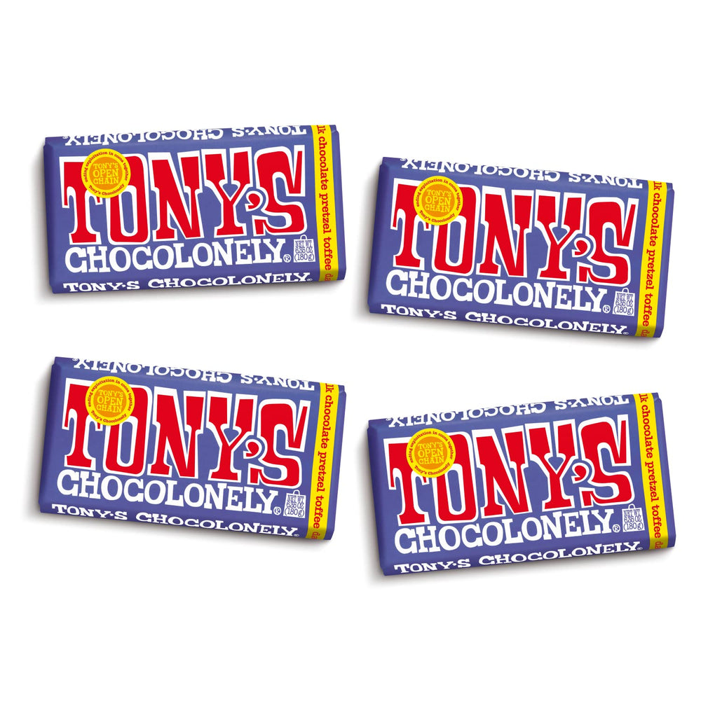 Tony's Chocolonely 42% dark milk bar with pretzel and toffee, wrapped for gifting