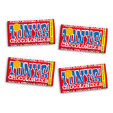 Tony's Chocolonely Belgian milk chocolate bar 32% cocoa shines in a premium gift basket.