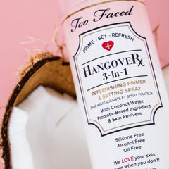 Too Faced Hangover 3-in-1 bottle used as primer before makeup for smoother canvas