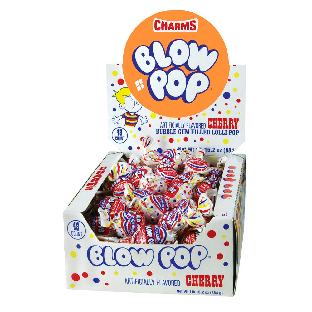 Tootsie Roll Charms Blow Pop cherry 48-count box with dual candy and gum delight