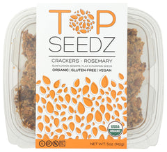 Top Seedz Rosemary Organic Crackers in a resealable bag with crisp texture and rosemary aroma