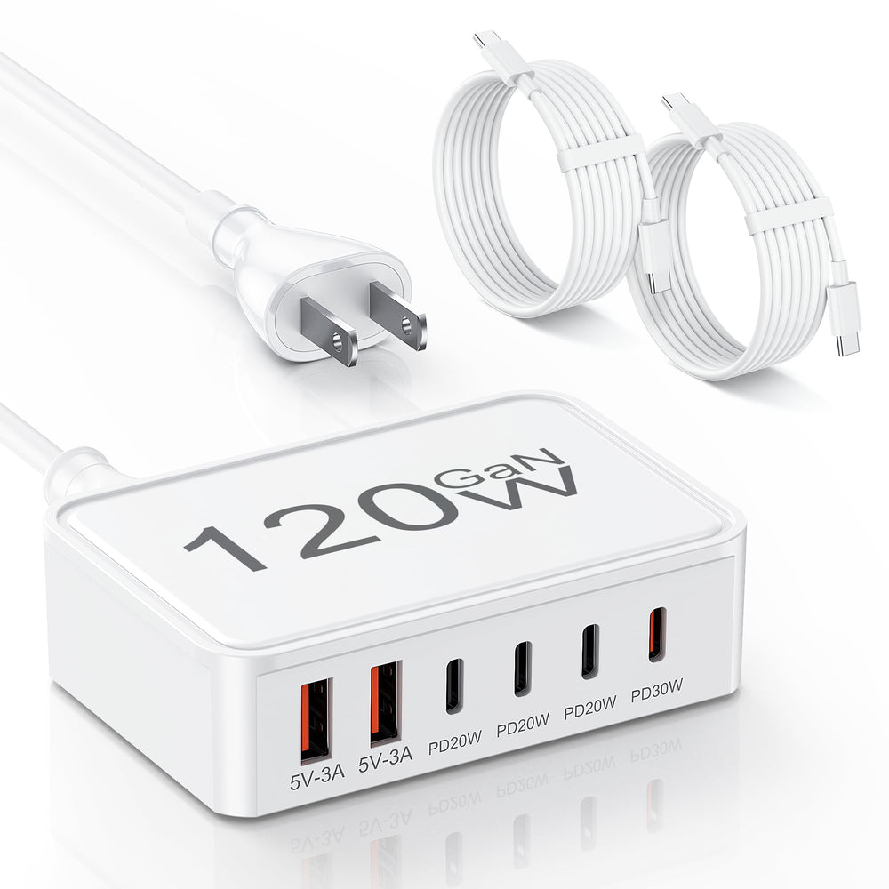 Topabol 120W GaN USB-C charger powers six devices at once, ideal for desk setups.