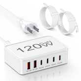Topabol 120W GaN USB-C charger powers six devices at once, ideal for desk setups.