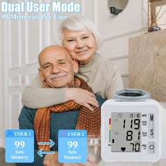 TopBOMED wrist BP monitor storing 99 readings for two users.