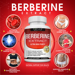 Toplux Berberine HCl 97 percent label emphasizes purity and potency.