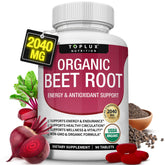 Toplux Organic Beet Root Tablets bottle ready for daily energy support.