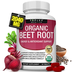 Toplux Organic Beet Root Tablets bottle ready for daily energy support.