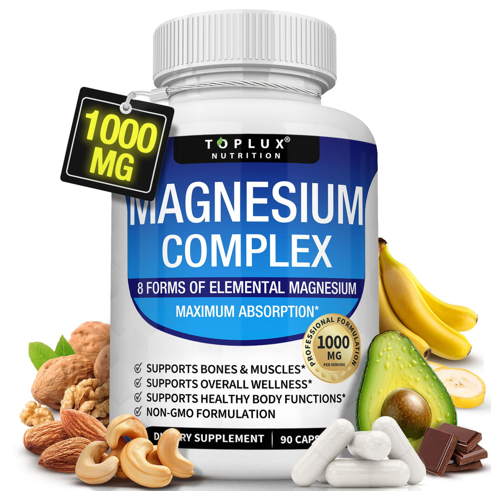 Toplux Magnesium Complex bottle showing eight-form blend for daily support.
