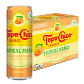 Topo Chico Flavors Tropical Mango can front view, crisp refreshment for snack time