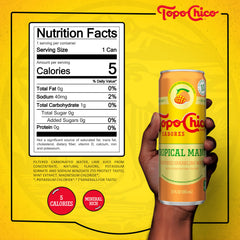 Topo Chico Flavors Tropical Mango can side view, bright mango aroma with meals