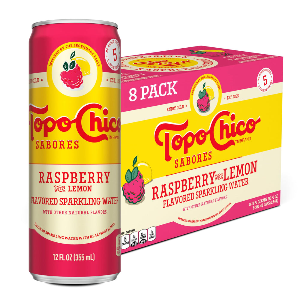 Topo Chico Sabores Raspberry with Lemon can front view, ideal for refreshing on the go