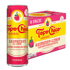 Topo Chico Sabores Raspberry with Lemon can front view, ideal for refreshing on the go