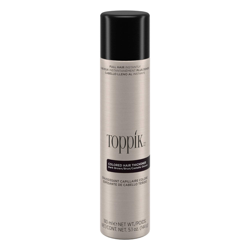 Toppik colored hair thickener dark brown can for quick coverage of thinning areas.