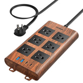 TOPREK surge protector with wood finish protects multiple devices at a stylish desk.