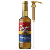 Torani Amaretto syrup bottle with pump for precise dispensing.