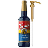 Torani Blue Raspberry Syrup bottle with pump for easy, mess-free flavoring at home or in a café.