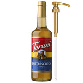 Torani Butterscotch Syrup bottle with pump for precise sweetness in coffee and desserts.