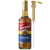 Torani caramel coffee syrup bottle with pump for easy, mess-free sweetening.