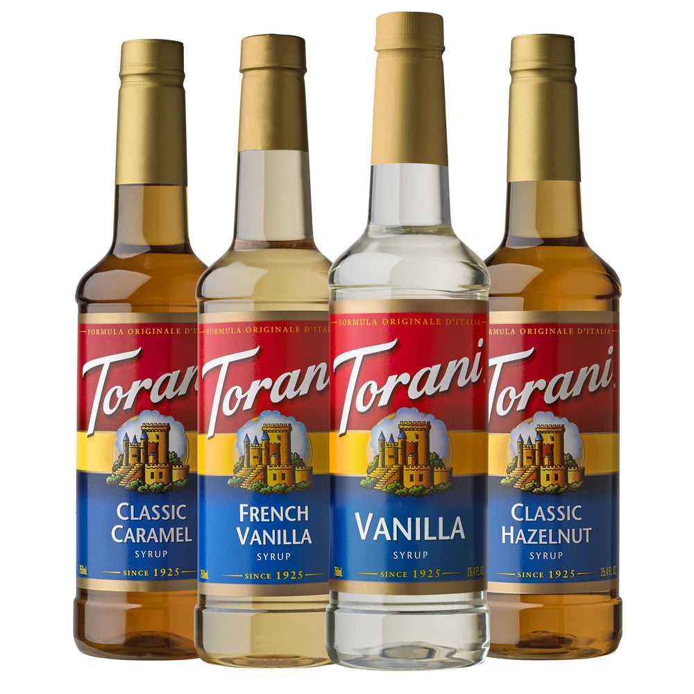 Torani caramel syrup bottle front for café-style caramel lattes at home.