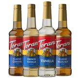 Torani caramel syrup bottle front for café-style caramel lattes at home.