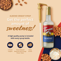 Pouring Torani Almond Orgeat into coffee to enhance aroma and sweetness.
