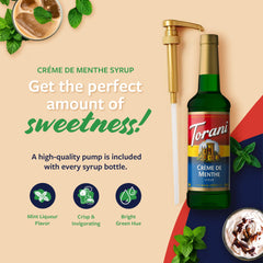 Torani Creme de Menthe syrup with pump enables precise, mess-free sweetening at home.