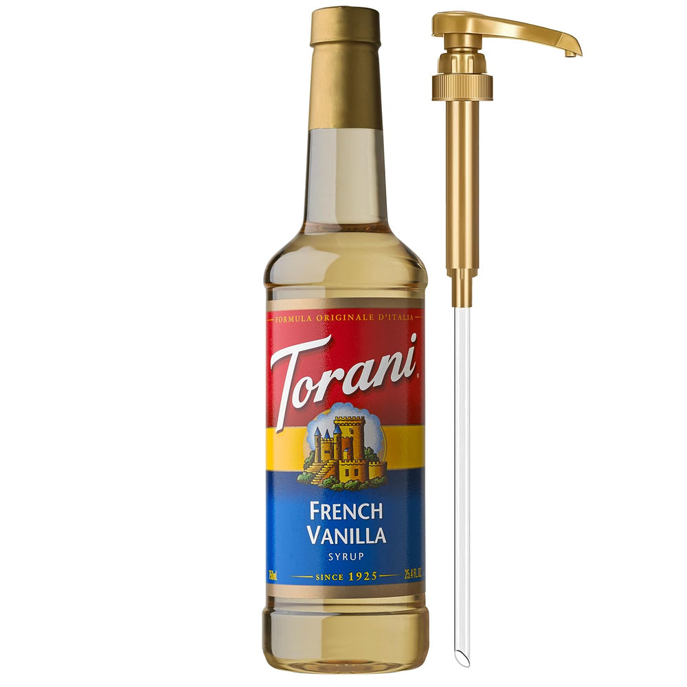 Torani French Vanilla syrup bottle with pump for easy portion control