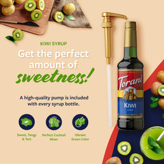 Close-up of Torani Kiwi Syrup bottle showing vibrant color and label.