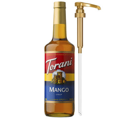 Torani Mango Syrup with pump for quick, mess-free flavoring in drinks.