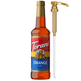 Torani Orange Syrup bottle with pump for easy, mess-free flavoring in beverages