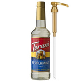 Torani peppermint syrup bottle with pump for easy flavoring in beverages