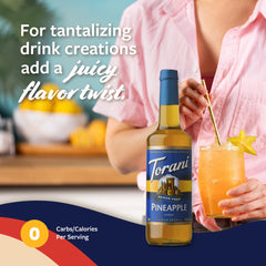 Torani pineapple syrup on a kitchen counter ready for DIY beverages at home.