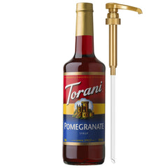 Torani Pomegranate Syrup bottle with pump for easy sweetness in beverages.