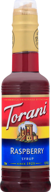 Torani Raspberry Syrup bottle with bright, natural flavor for lemonade and iced tea.