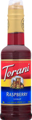 Torani Raspberry Syrup bottle with bright, natural flavor for lemonade and iced tea.