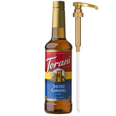 Torani Salted Caramel Syrup bottle with pump for mess-free flavoring