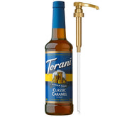 Torani Sugar-Free Classic Caramel Syrup bottle with pump for easy, mess-free sweetening