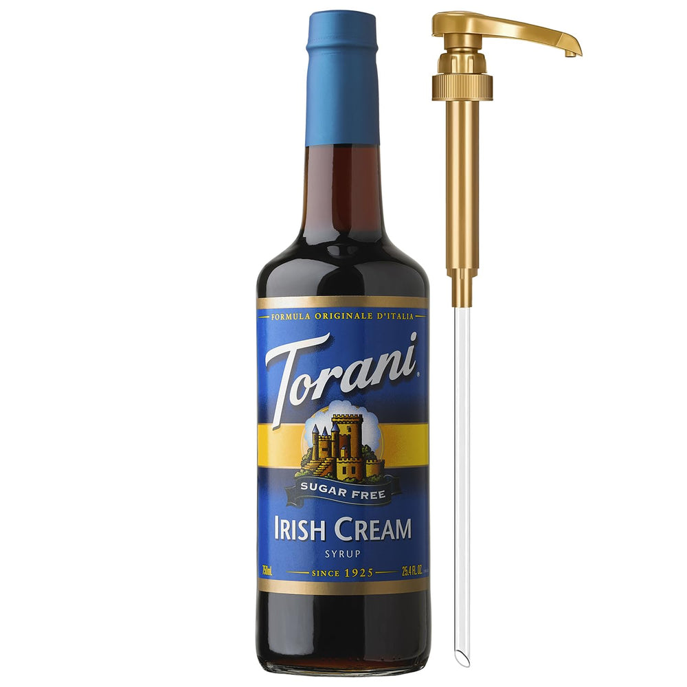 Torani Sugar Free Irish Cream syrup bottle with pump for mess-free sweetness