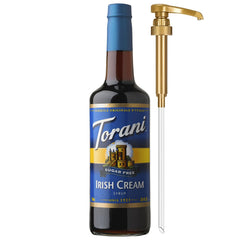 Torani Sugar Free Irish Cream syrup bottle with pump for mess-free sweetness