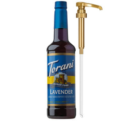 Torani Sugar Free Lavender Syrup bottle with pump for mess-free sweetening.