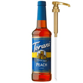 Torani Sugar Free Peach Syrup bottle with pump for zero-calorie flavor.