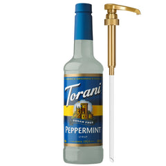 Torani Sugar Free Peppermint Syrup bottle front view for calorie-free flavor.