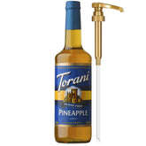 Torani sugar-free pineapple syrup bottle with pump for easy, mess-free flavoring.