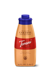 Torani Sugar Free Caramel bottle showing rich flavor and lower calories