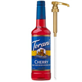 Torani Sugar Free Cherry Syrup bottle with pump for zero-calorie flavoring.