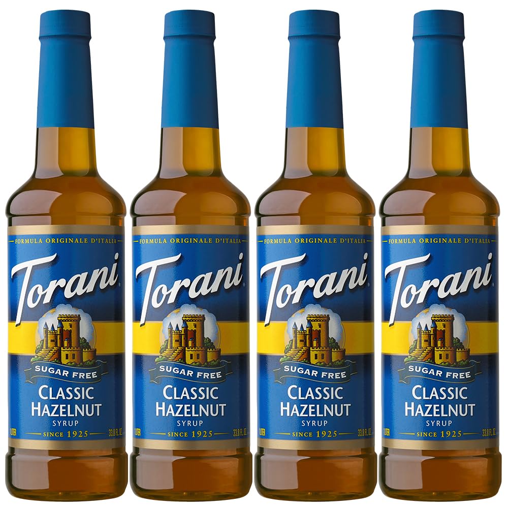 Torani Sugar Free Classic Hazelnut bottle pours flavor into beverages